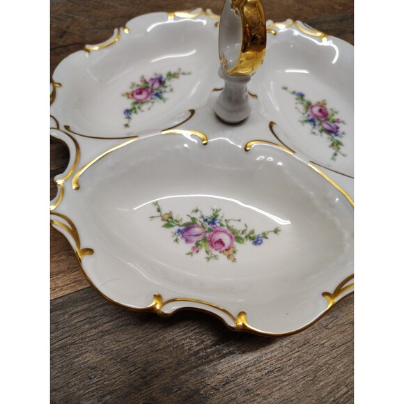 Pirken Hammer Original Porcelain Serving Dish Divided Candy Plate Handled Floral - Picture 2 of 6